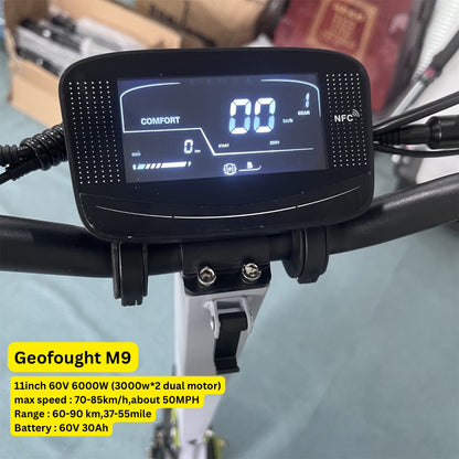 Geofought M9 – 2025 Dual Motor 6000W Electric Scooter | 60V 30Ah Battery | Up to 85km/h | With Seat